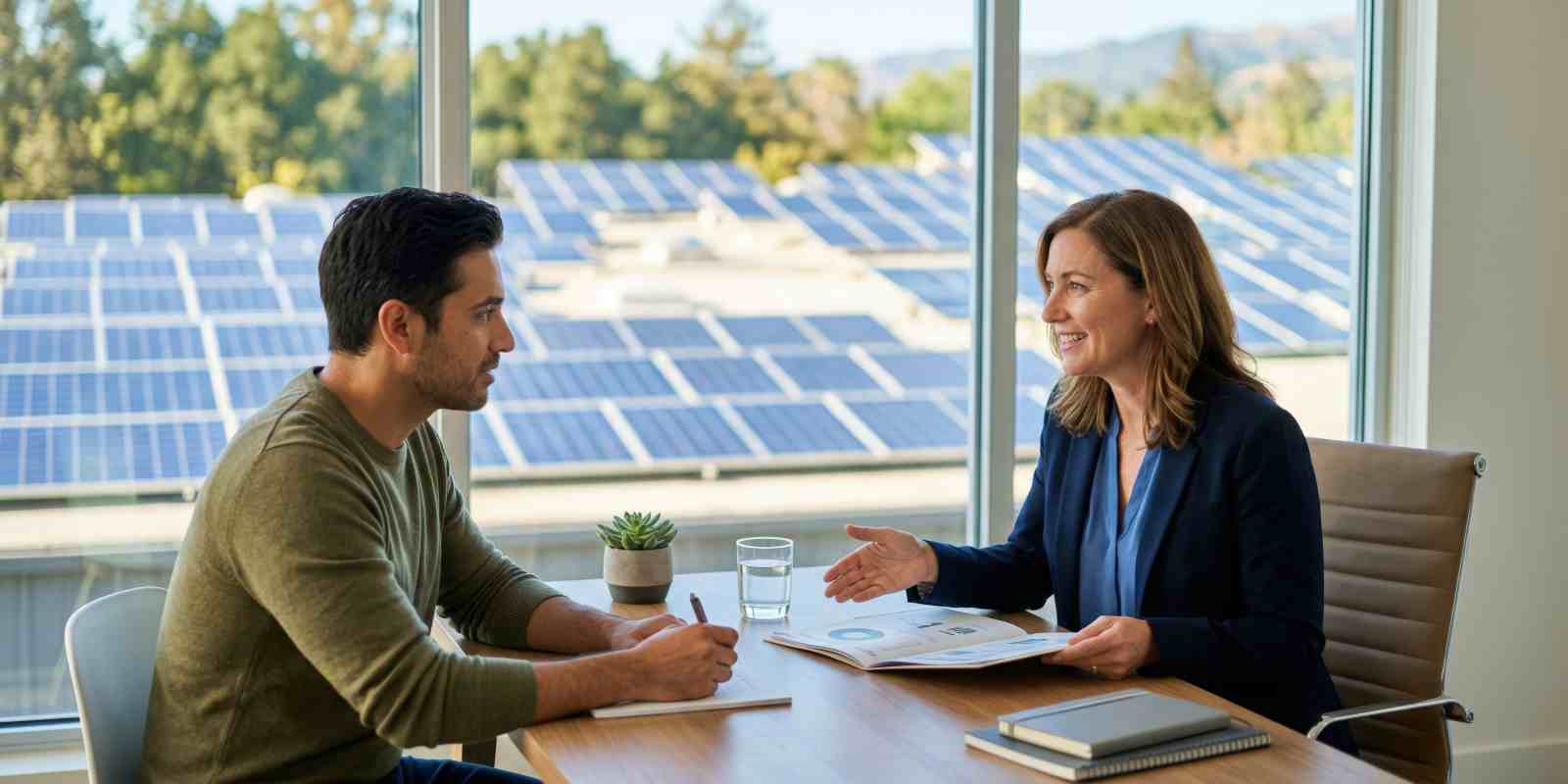 Man Discussing Financing Options for Solar Panels with Company Owner in Maryland