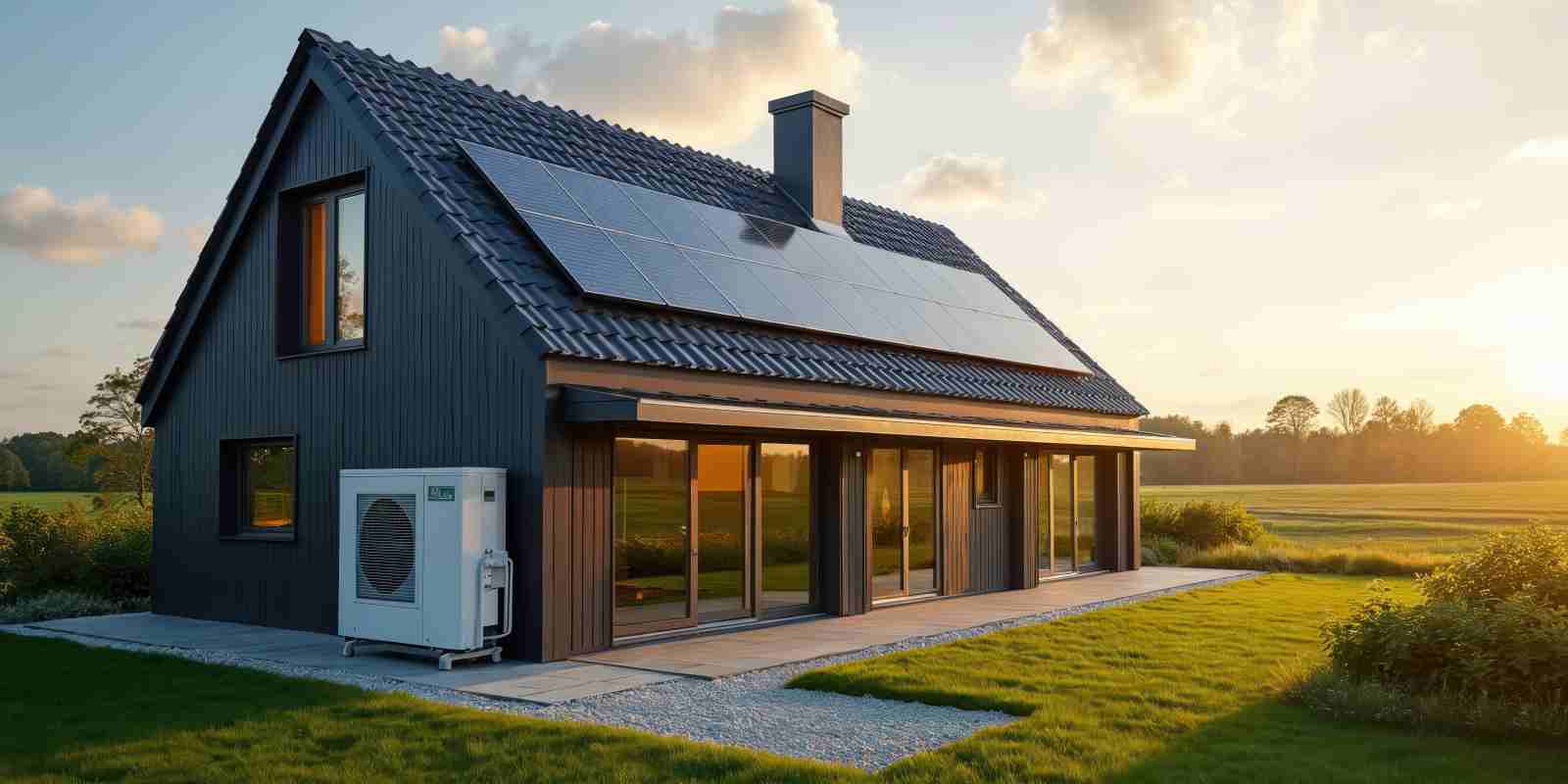 Modern House in Maryland with Solar Panels on Roof and Air Source Heat Pump